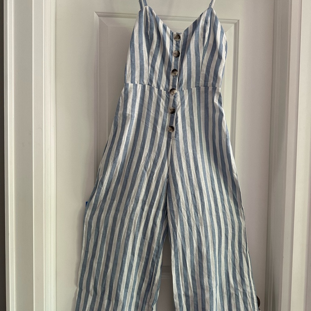 Reformation Blue and White Striped linen Jumpsuit